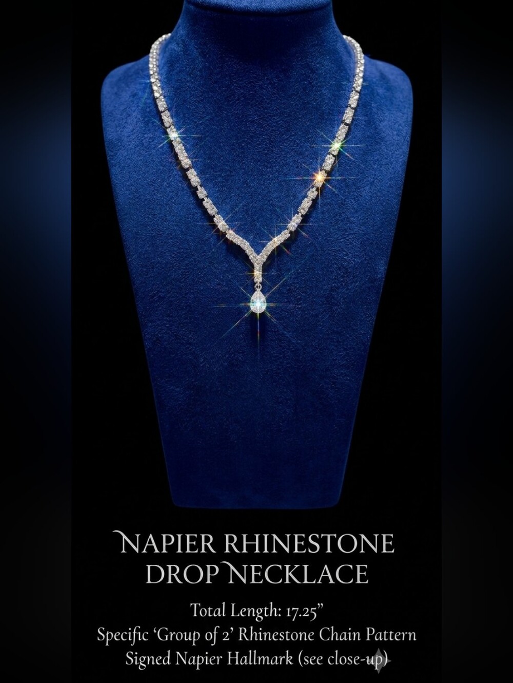 ​Vintage Napier Rhinestone Drop Y-Necklace 17.25" Group of 2 Chain Signed Bridal